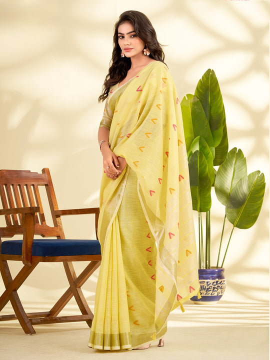 Yellow Linen Silk With Zari Border Saree With Blouse Piece