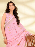 Pink Linen Silk With Zari Border Saree With Blouse Piece