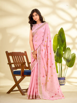 Pink Linen Silk With Zari Border Saree With Blouse Piece