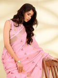 Pink Linen Silk With Zari Border Saree With Blouse Piece
