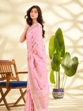 Pink Linen Silk With Zari Border Saree With Blouse Piece