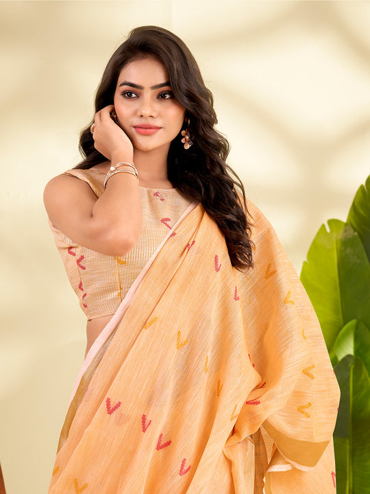Orange Linen Silk With Zari Border Saree With Blouse Piece