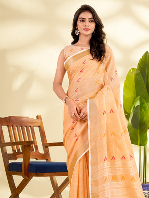 Orange Linen Silk With Zari Border Saree With Blouse Piece