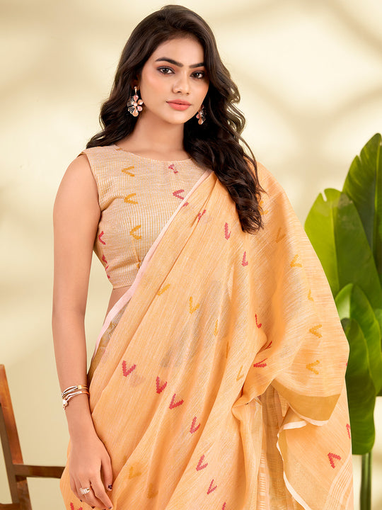 Orange Linen Silk With Zari Border Saree With Blouse Piece