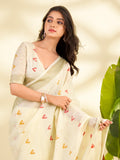 Cream Linen Silk With Zari Border Saree With Blouse Piece