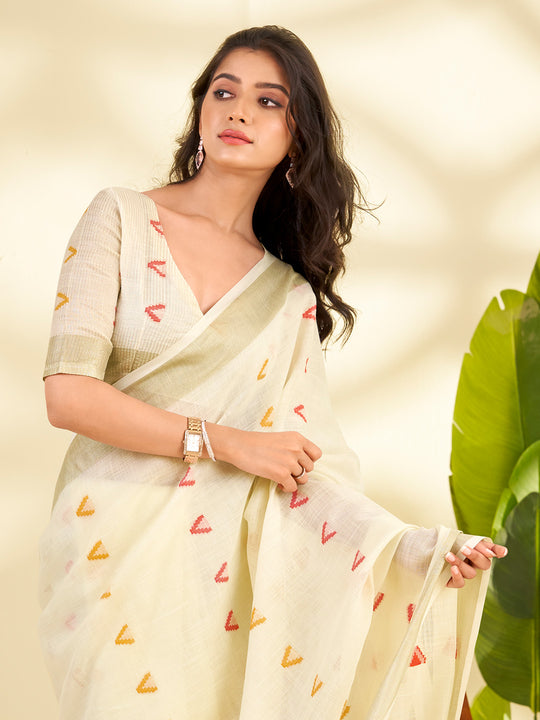 Cream Linen Silk With Zari Border Saree With Blouse Piece