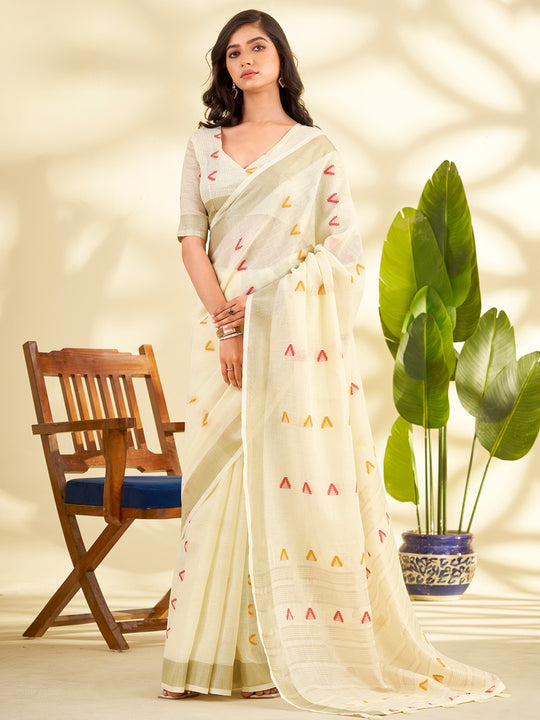 Cream Linen Silk With Zari Border Saree With Blouse Piece