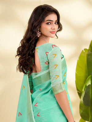 Sea Green Linen Silk With Zari Border Saree With Blouse Piece