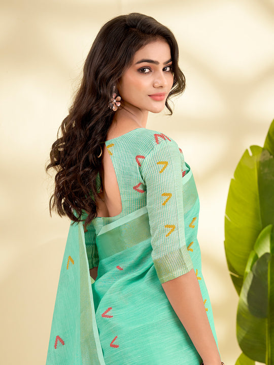 Sea Green Linen Silk With Zari Border Saree With Blouse Piece