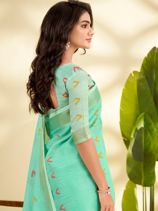 Sea Green Linen Silk With Zari Border Saree With Blouse Piece