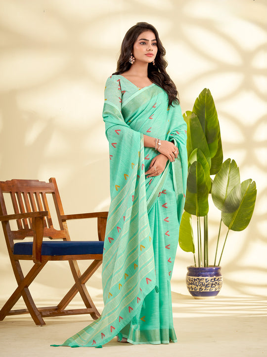 Sea Green Linen Silk With Zari Border Saree With Blouse Piece