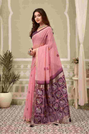 Pink Banarasi Saree With Blouse Piece
