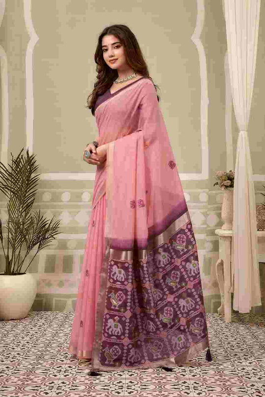 Pink Banarasi Saree With Blouse Piece