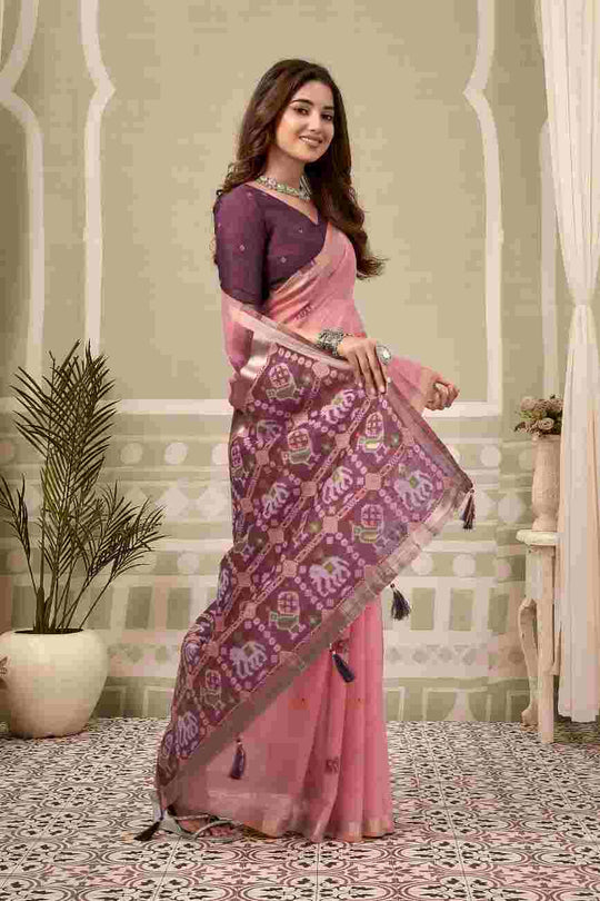 Pink Banarasi Saree With Blouse Piece
