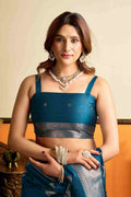 Blue Banarasi Saree With Blouse Piece