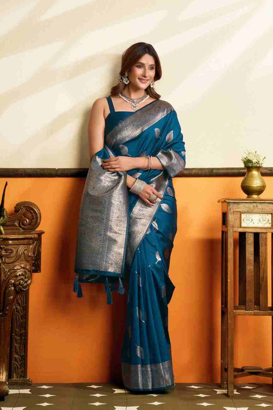 Blue Banarasi Saree With Blouse Piece