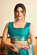 Teal Blue Banarasi Saree With Blouse Piece