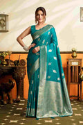 Teal Blue Banarasi Saree With Blouse Piece