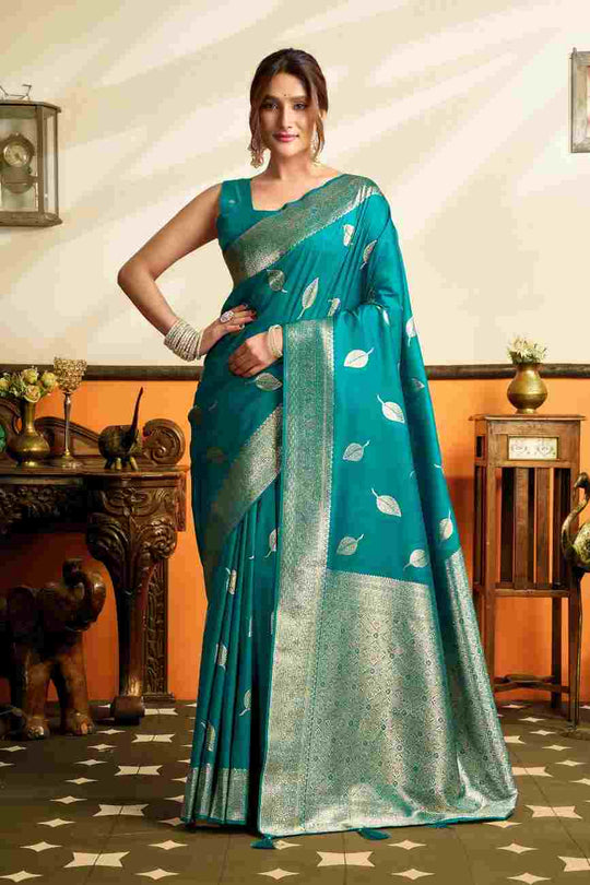Teal Blue Banarasi Saree With Blouse Piece