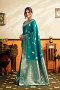 Teal Blue Banarasi Saree With Blouse Piece