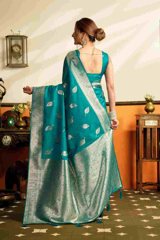 Teal Blue Banarasi Saree With Blouse Piece