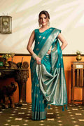 Teal Blue Banarasi Saree With Blouse Piece