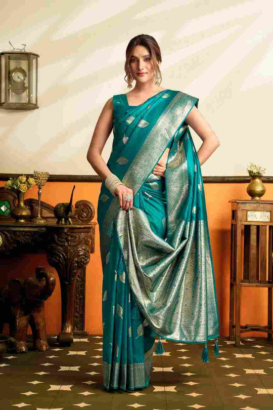 Teal Blue Banarasi Saree With Blouse Piece