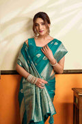 Teal Blue Banarasi Saree With Blouse Piece