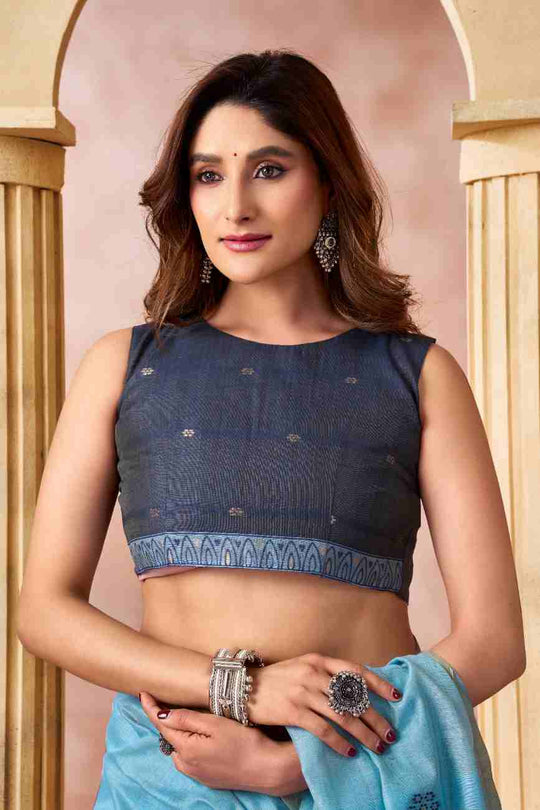 Sky Blue Banarasi Saree With Blouse Piece