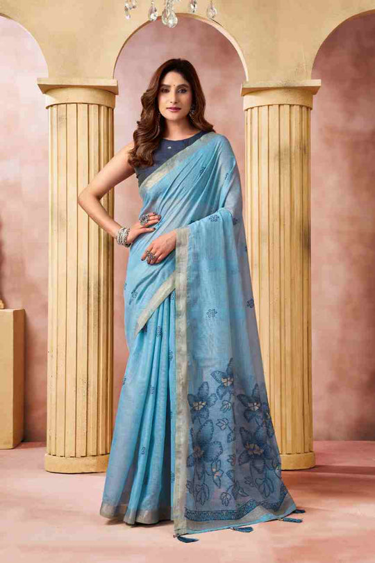 Sky Blue Banarasi Saree With Blouse Piece