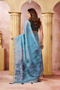 Sky Blue Banarasi Saree With Blouse Piece