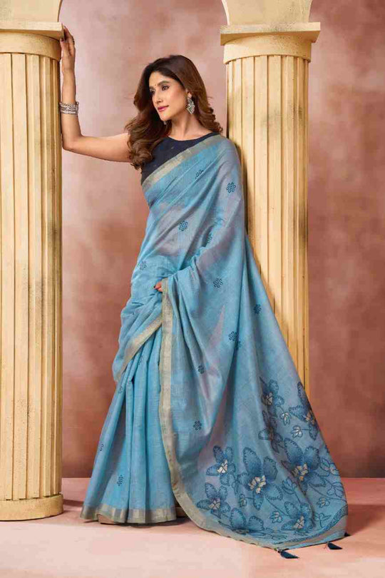 Sky Blue Banarasi Saree With Blouse Piece