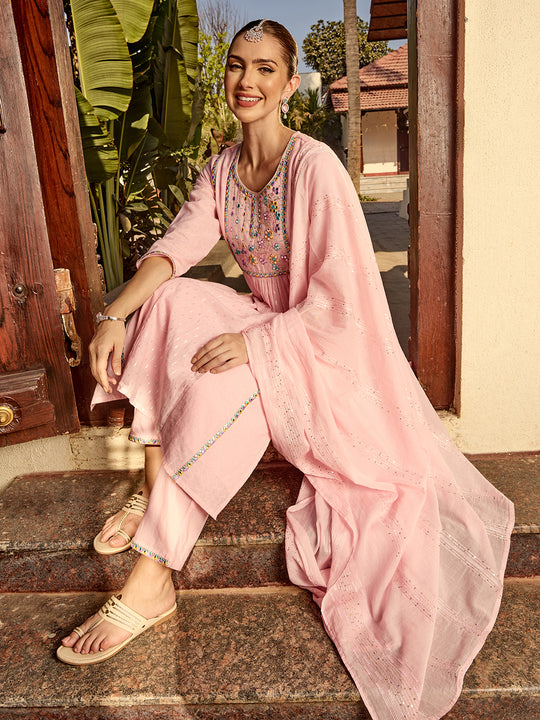 Ethnic Motifs Yoke Design Mirror Work Pure Cotton Kurta with Trousers & Dupatta
