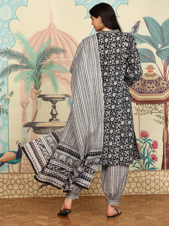 Women Floral Printed Pleated Pure Cotton Kurta With Patiala & Dupatta