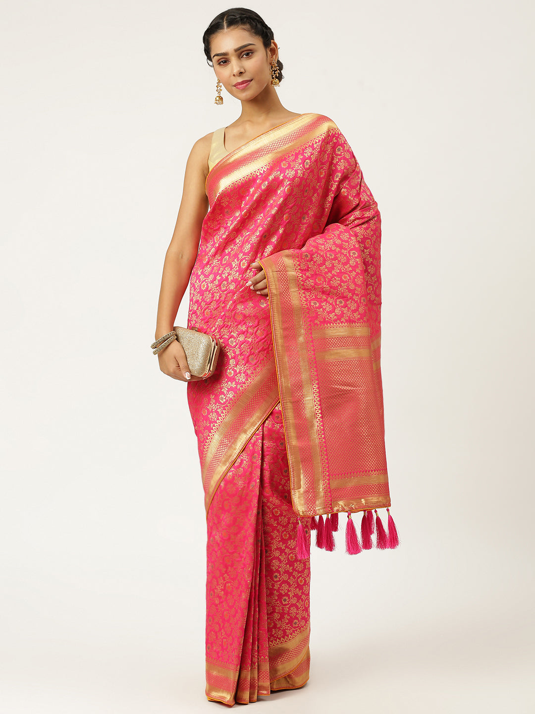 Hot Pink Jaal Woven Designer Banarasi Saree With Embroidered Silk Blouse