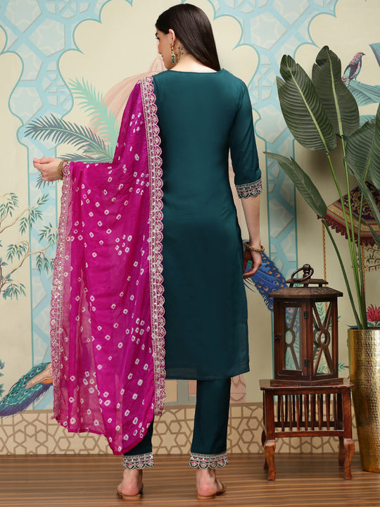 Green Embroidered Regular Sequinned Straight Kurta With Trousers & Duppatta