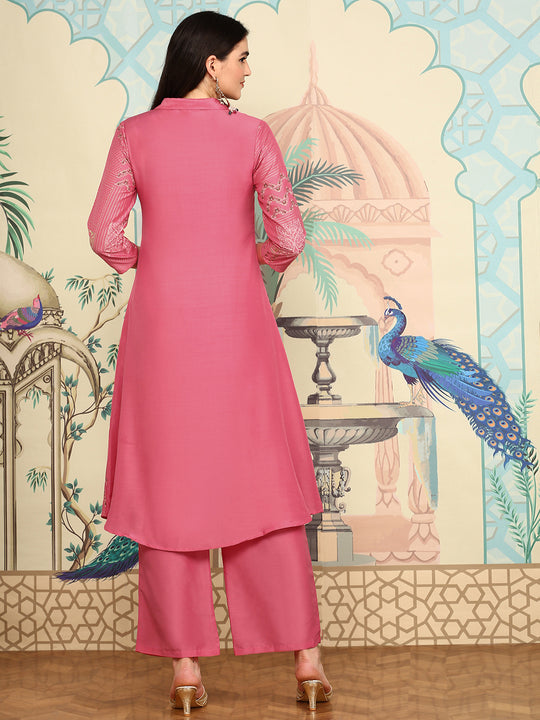 Floral Printed Regular Three-Quarter Sleeves Shirt Collar Kurta with Trousers