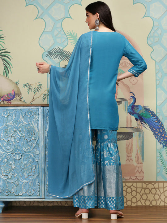 Floral Printed Straight Round Neck Kurti With Sharara & Dupatta