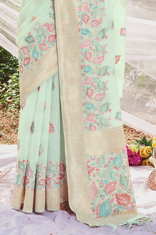 Sea Green Cotton Saree With Blouse Piece