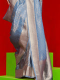 Blue Pure Self Zari Tissue Handloom Silk Saree With Blouse Piece