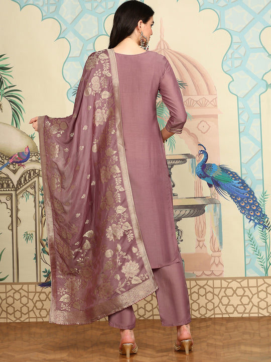 Floral Embroidered Sequinned Straight Kurta With Trousers & Dupatta