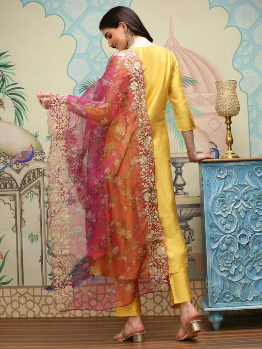 Solid V-Neck Three-Quarter Sleeves Kurta with Trousers & With Dupatta