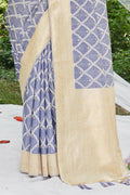 Blue Cotton Thread Work Saree With Blouse Piece