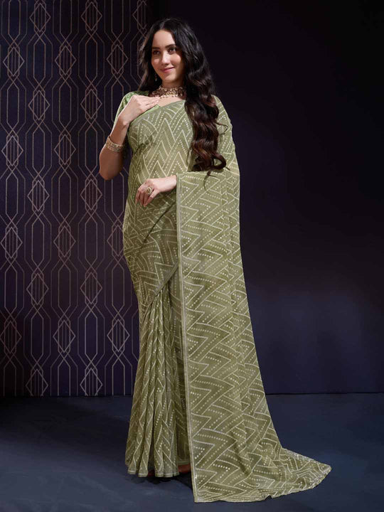Green Georgette Swarovski Stone Embellished Printed Saree With Blouse Piece