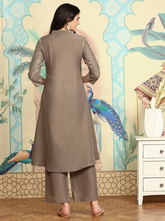Floral Printed Regular Three-Quarter Sleeves Shirt Collar Kurta with Trousers