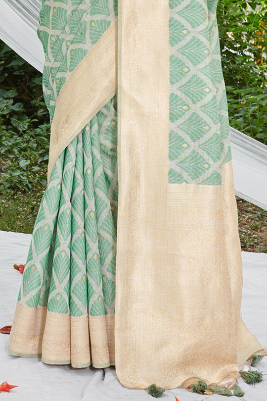 Green Cotton Thread Work Saree With Blouse Piece