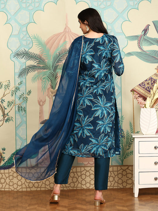 Navy Blue Floral Printed Beads And Stones Straight Kurta With Trousers & Dupatta