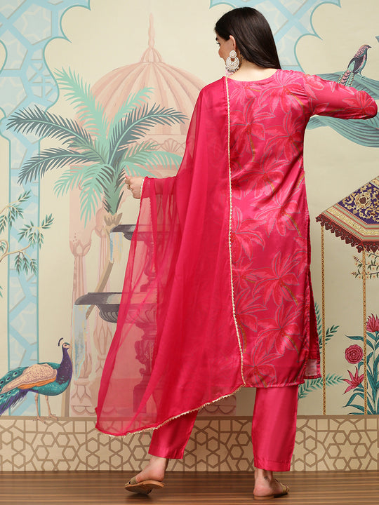 Floral Printed Round Neck Mirror Work Straight Kurta with Trousers & Dupatta