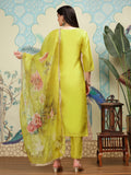 Floral Embroidered V-Neck Three-Quarter Sleeves Silk Chiffon Kurta Set