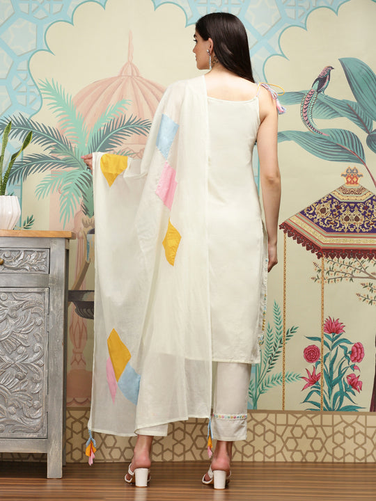 Off White Floral Embroidered Mirror Work Cotton Straight Kurta With Trousers & Dupatta